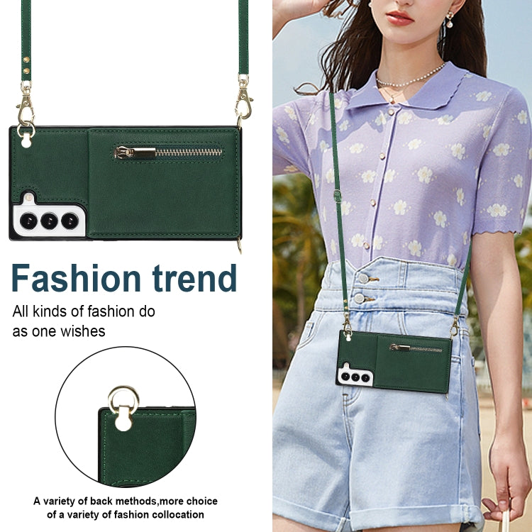 For Samsung Galaxy S21 FE 5G Cross-body Square Zipper Card Holder Bag Phone Case(Green) - Galaxy Phone Cases by PMC TechLife | Online Shopping South Africa | PMC TechLife