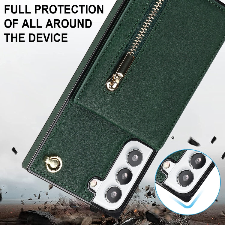 For Samsung Galaxy S21 FE 5G Cross-body Square Zipper Card Holder Bag Phone Case(Green) - Galaxy Phone Cases by PMC TechLife | Online Shopping South Africa | PMC TechLife