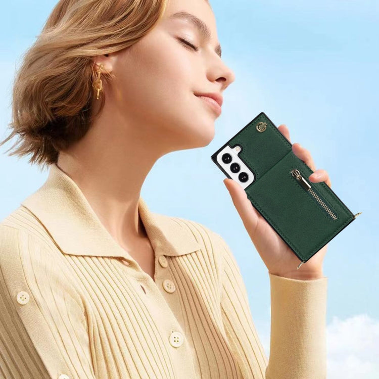 For Samsung Galaxy S21 FE 5G Cross-body Square Zipper Card Holder Bag Phone Case(Green) - Galaxy Phone Cases by PMC TechLife | Online Shopping South Africa | PMC TechLife