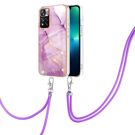 For Xiaomi Mi 11i / 11i HyperCharge 5G Global Electroplating Marble IMD TPU Phone Case with Lanyard(Purple 001)