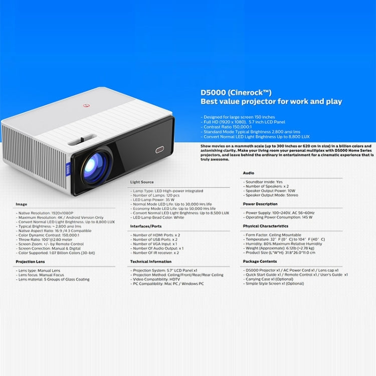 VIVIBRIGHT D5000 1920x1080P 420ANSI 6000Lumens LCD + LED HD Digital Projector, Basic Version UK Plug - LED Projector by VIVIBRIGHT | Online Shopping South Africa | PMC TechLife