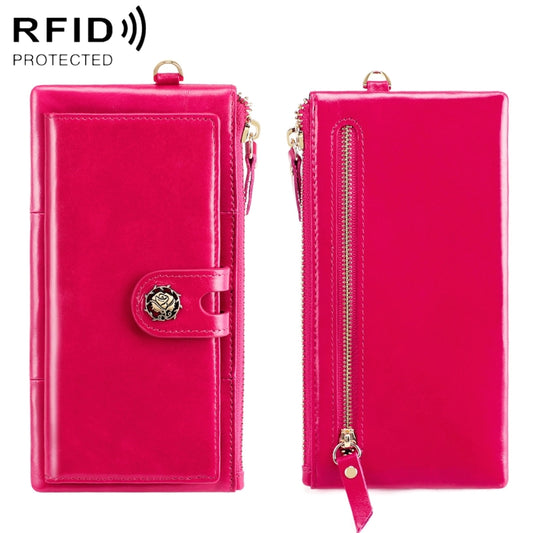 3506 RFID Anti-Degaussing Oil Wax Vintage Texture Genuine Leather Hand Held Wallet for Ladies(Rose Red) - free shipping - PMC Jewellery - Order now!