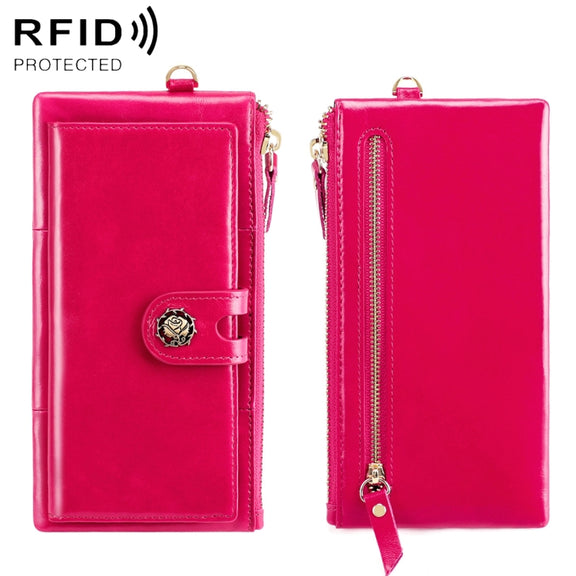 3506 RFID Anti-Degaussing Oil Wax Vintage Texture Genuine Leather Hand Held Wallet for Ladies(Rose Red)