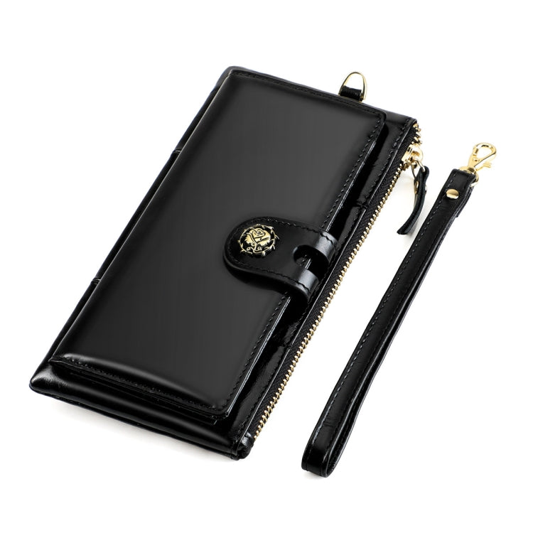 3506 RFID Anti-Degaussing Oil Wax Vintage Texture Genuine Leather Hand Held Wallet for Ladies(Black)