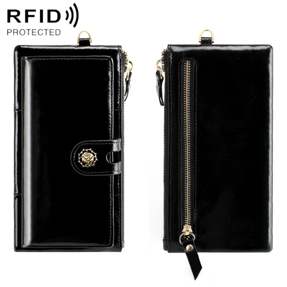 3506 RFID Anti-Degaussing Oil Wax Vintage Texture Genuine Leather Hand Held Wallet for Ladies(Black)