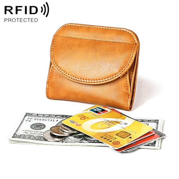3537 Folding Short RFID Anti-Theft Genuine Leather Coin Purse for Ladies(Brown)