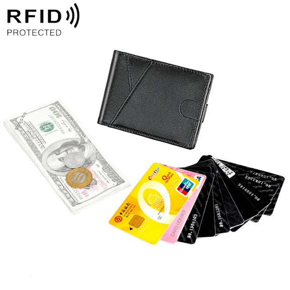 9653SN Men and Women Two-fold RFID Anti-theft Genuine Leather Wallet with Y-shaped Front Pocket(Black)