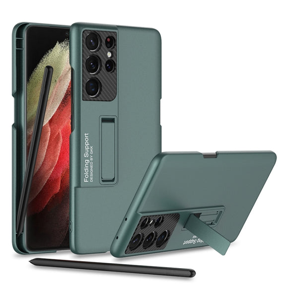 For Samsung Galaxy S21 Ultra 5G GKK Ultra-thin Shockproof Phone Case with Holder & Pen Slots & Stylus Pen(Forest Green)