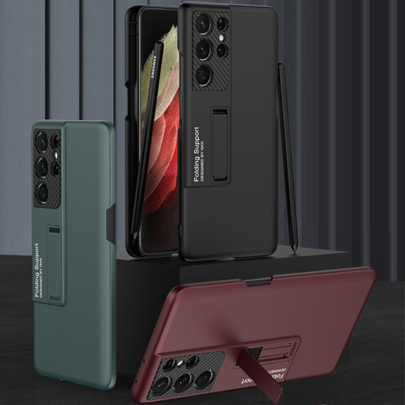 For Samsung Galaxy S21 Ultra 5G GKK Ultra-thin Shockproof Phone Case with Holder & Pen Slots & Stylus Pen(Forest Green)