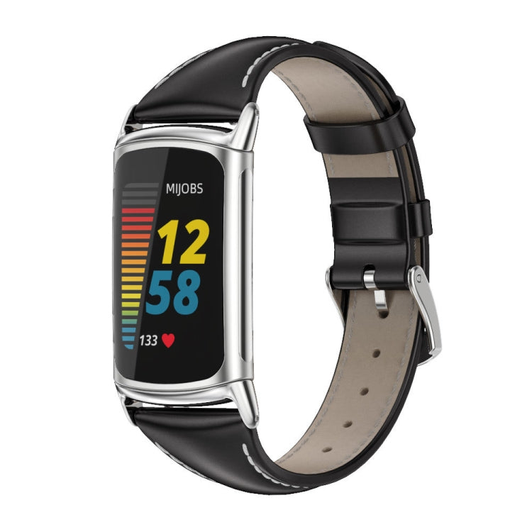 For Fitbit Charge 5 / Charge 6 Mijobs Genuine Leather Slim Watch Band(Black+Silver) - Watch Bands by MIJOBS | Online Shopping South Africa | PMC TechLife | Buy Now Pay Later Mobicred