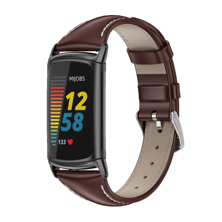 For Fitbit Charge 5 / Charge 6 Mijobs Genuine Leather Slim Watch Band(Coffee+Black) - Watch Bands by MIJOBS | Online Shopping South Africa | PMC TechLife | Buy Now Pay Later Mobicred