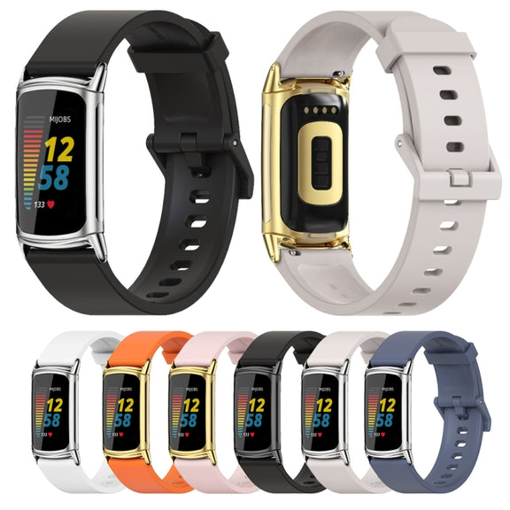 For Fitbit Charge 5 / Charge 6 Mijobs Soft Silicone  Watch Band(Black+Silver)