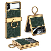 For Samsung Galaxy Z Flip3 5G GKK Integrated Plating + Leather Flip Phone Case(Crocodile Green)