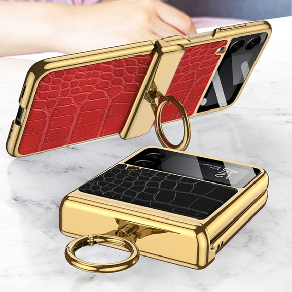 For Samsung Galaxy Z Flip3 5G GKK Integrated Plating + Leather Flip Phone Case(Crocodile Black)
