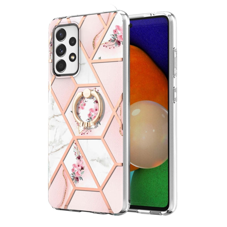 For Samsung Galaxy A73 5G Splicing Marble Flower Pattern TPU Ring Holder Case(Pink Flower)