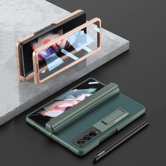 For Samsung Galaxy Z Fold3 5G GKK Magnetic Hinge Plain Leather Phone Flip Case with Pen Box(Mist Gold)
