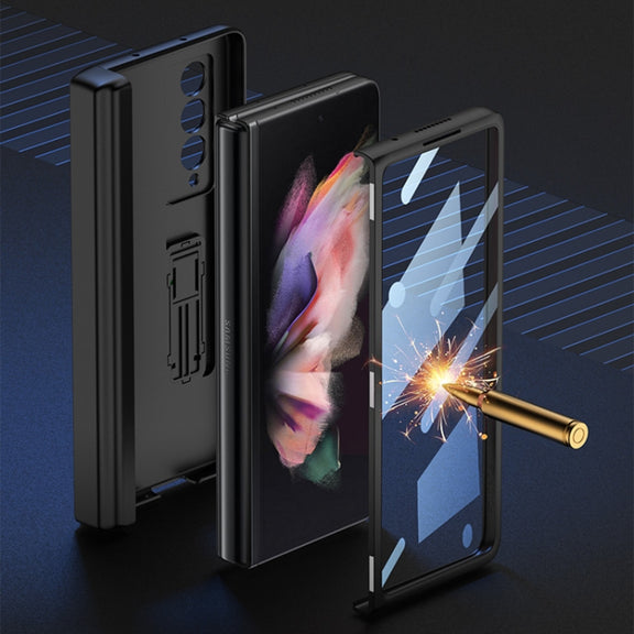 For Samsung Galaxy Z Fold3 5G GKK Magnetic Hinge Plain Leather Phone Flip Case with Pen Box(Mist Gold)