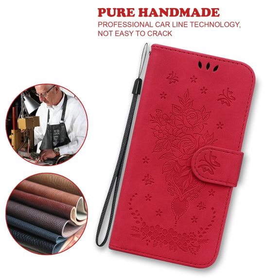 For Tecno Pova 2 Butterfly Rose Embossed Leather Phone Case(Red)