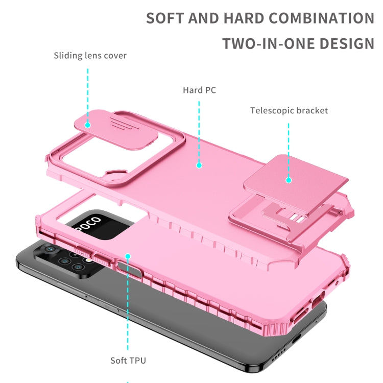 For Xiaomi Poco M4 Pro 4G Stereoscopic Holder Sliding Camshield Phone Case(Pink)