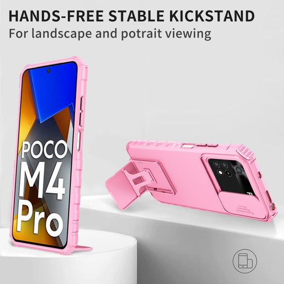 For Xiaomi Poco M4 Pro 4G Stereoscopic Holder Sliding Camshield Phone Case(Pink)