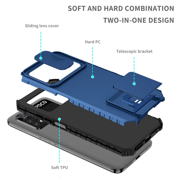 For Xiaomi Poco M4 Pro 4G Stereoscopic Holder Sliding Camshield Phone Case(Blue)