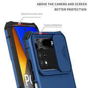 For Xiaomi Poco M4 Pro 4G Stereoscopic Holder Sliding Camshield Phone Case(Blue)
