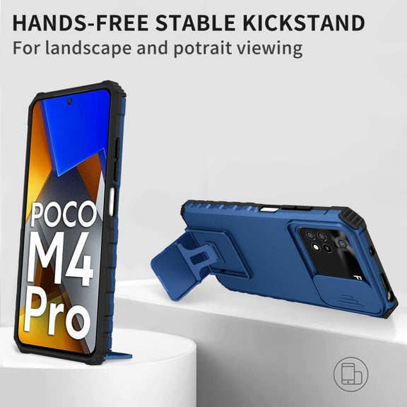 For Xiaomi Poco M4 Pro 4G Stereoscopic Holder Sliding Camshield Phone Case(Blue)