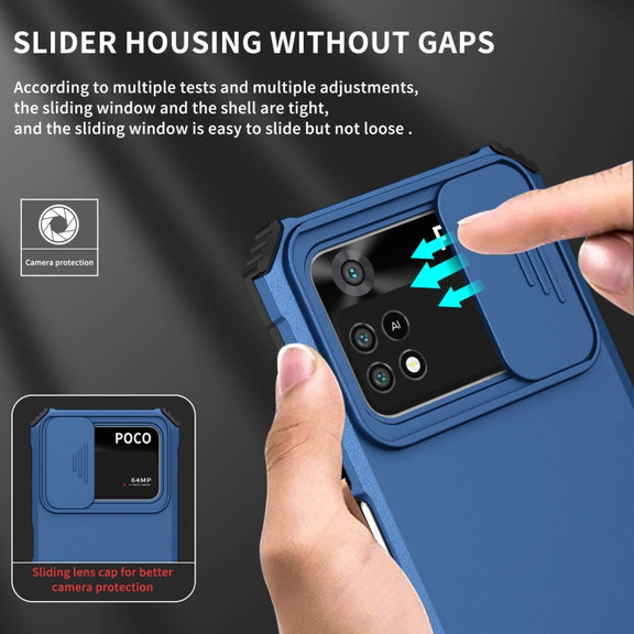 For Xiaomi Poco M4 Pro 4G Stereoscopic Holder Sliding Camshield Phone Case(Blue)