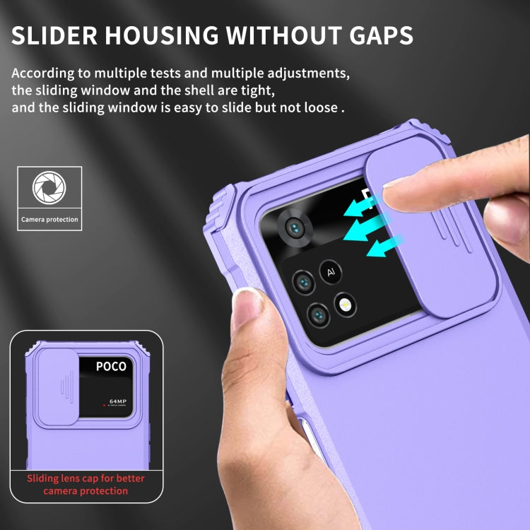 For Xiaomi Poco M4 Pro 4G Stereoscopic Holder Sliding Camshield Phone Case(Purple)