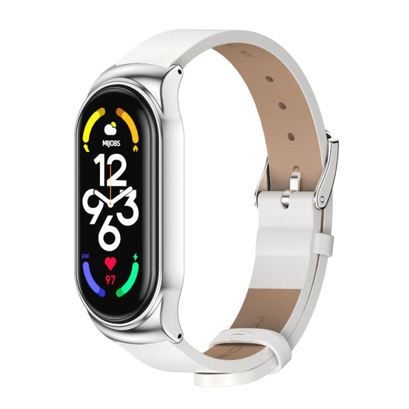 For Xiaomi Mi Band 7 / 7 NFC MIJOBS CS Metal Case + Microfiber Leather Watch Band(White Silver) - Watch Bands by MIJOBS