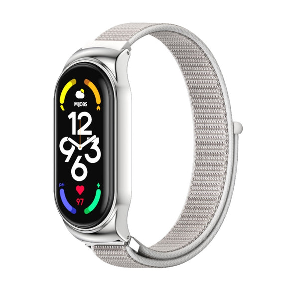 For Xiaomi Mi Band 7 / 7 NFC MIJOBS CS Stainless Steel Case Nylon Watch Band(Sea Shell Silver) - Watch Bands by MIJOBS