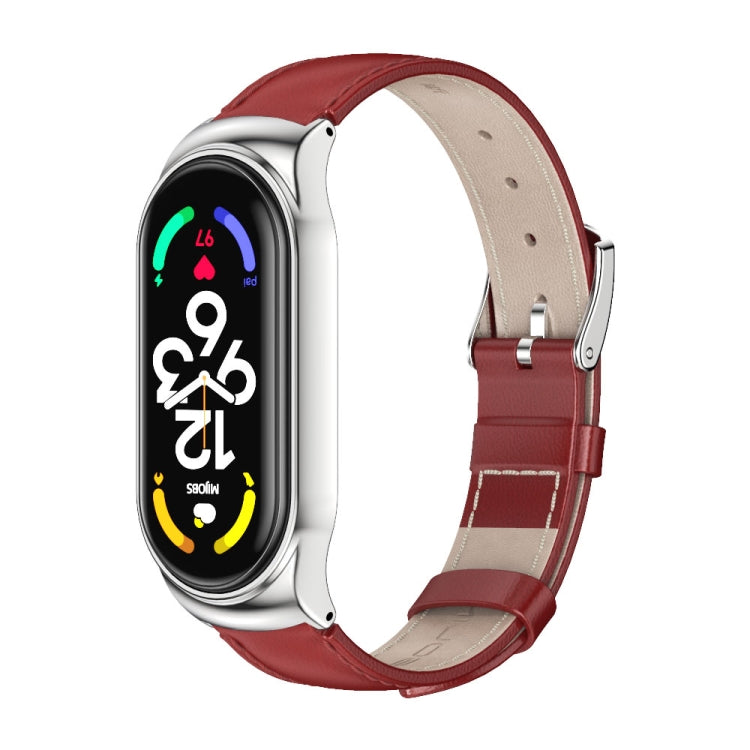 For Xiaomi Mi Band 7 / 7 NFC MIJOBS CS Metal Case Genuine Leather Top Layer Cowhide Watch Band(Red Silver) - Watch Bands by MIJOBS | Online Shopping South Africa | PMC TechLife | Buy Now Pay Later Mobicred