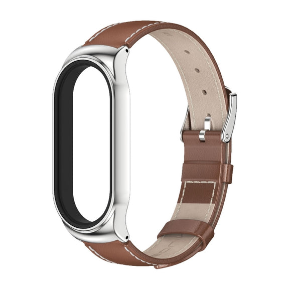 For Xiaomi Mi Band 7 / 7 NFC MIJOBS CS Metal Case Genuine Leather Top Layer Cowhide Watch Band(Brown Silver) - Watch Bands by MIJOBS