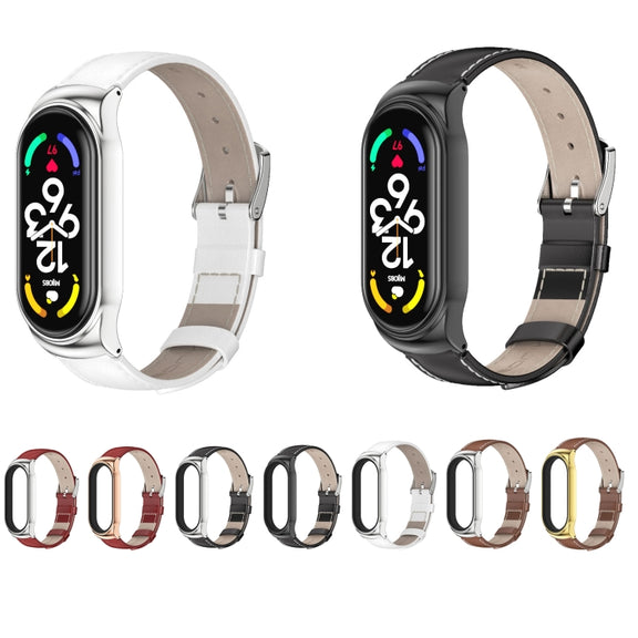 For Xiaomi Mi Band 7 / 7 NFC MIJOBS CS Metal Case Genuine Leather Top Layer Cowhide Watch Band(Brown Silver) - Watch Bands by MIJOBS