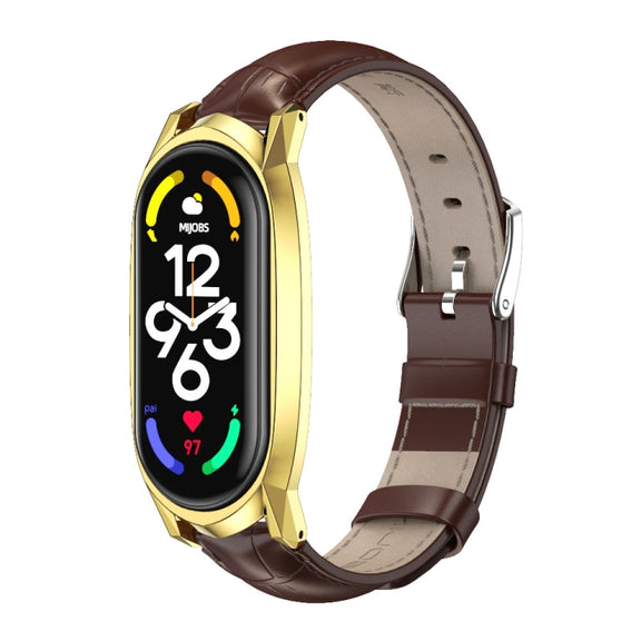 For Xiaomi Mi Band 7 / 7 NFC MIJOBS GT Metal Case Top Layer Cowhide Watch Band(Bamboo Coffee Black) - Watch Bands by MIJOBS