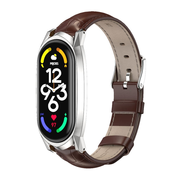 For Xiaomi Mi Band 7 / 7 NFC MIJOBS GT Metal Case Top Layer Cowhide Watch Band(Bamboo Coffee Silver) - Watch Bands by MIJOBS