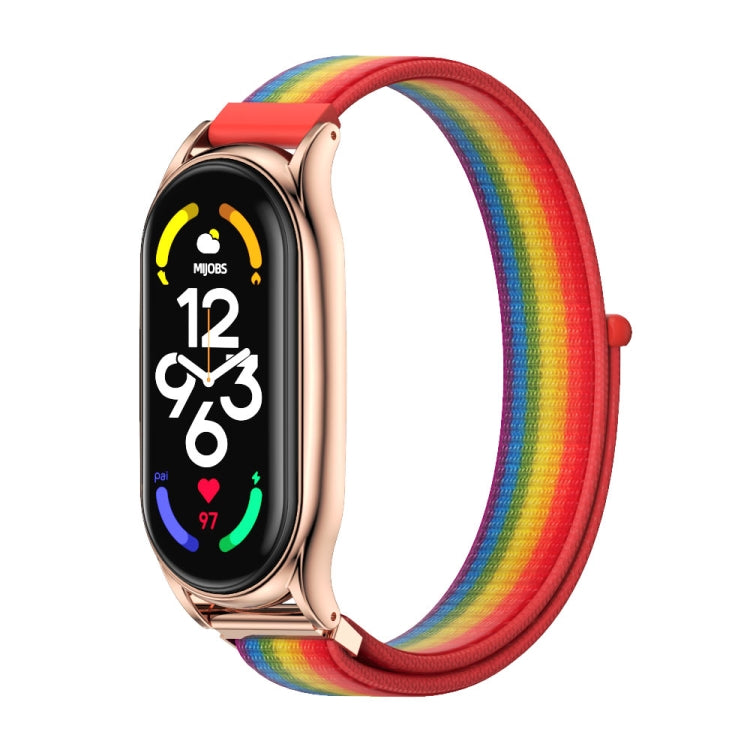 For Xiaomi Mi Band 7 / 7 NFC MIJOBS Plus Stainless Steel Case Nylon Watch Band(Rainbow Rose Gold) - Watch Bands by MIJOBS | Online Shopping South Africa | PMC TechLife | Buy Now Pay Later Mobicred