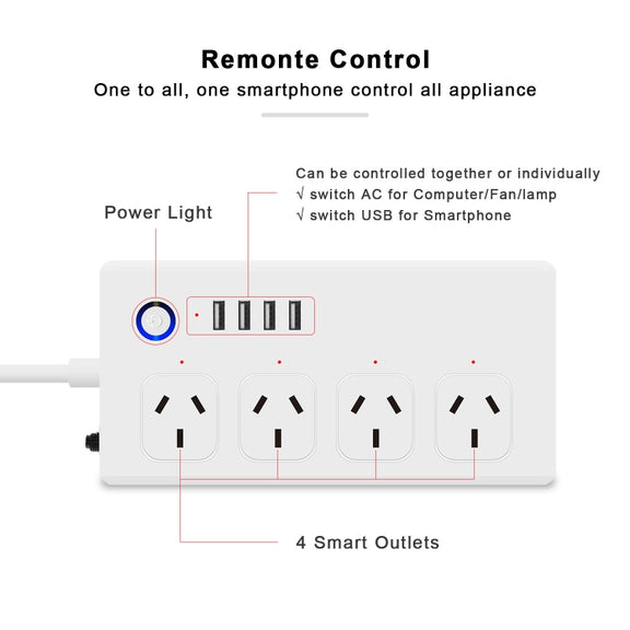 WiFi 10A SM-SO301-A 4 Holes + 4 USB 2000W Multi-purpose Smart Power Strip, AU Plug
