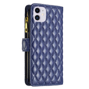 For iPhone 11 Diamond Lattice Zipper Wallet Leather Flip Phone Case (Blue)