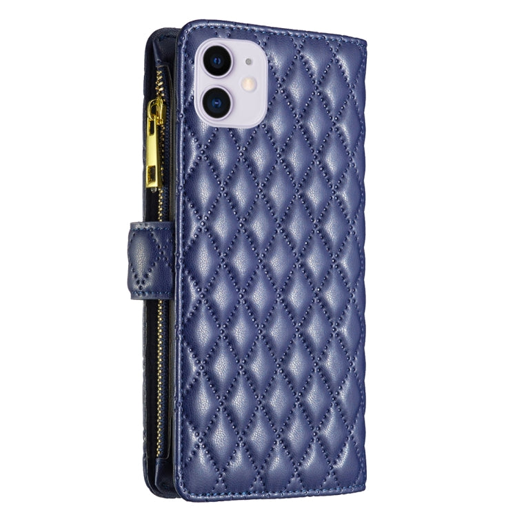 For iPhone 11 Diamond Lattice Zipper Wallet Leather Flip Phone Case (Blue)