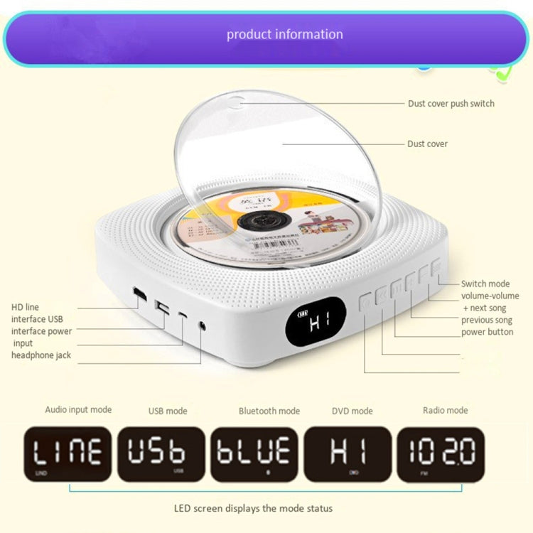 Kecag KC-609 Wall Mounted Home DVD Player Bluetooth CD Player, Specification:DVD/CD+Connectable TV + Charging Version(White) - free shipping - PMC TechLife - Order now!