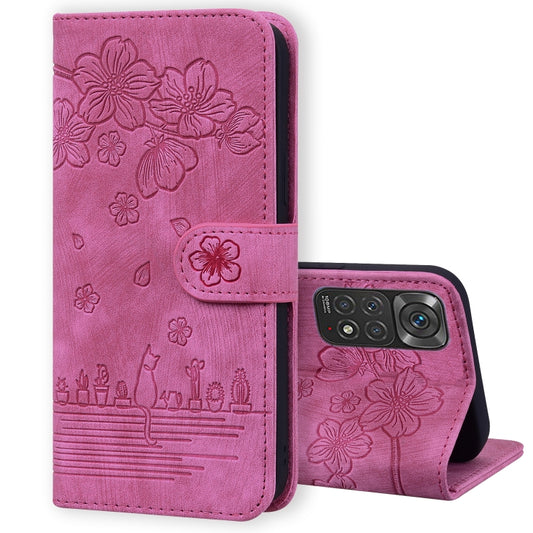For Xiaomi Redmi Note 11 / Note 11S Global Cartoon Sakura Cat Embossed Leather Phone Case(Rose Red) - free shipping - PMC Jewellery - Order now!