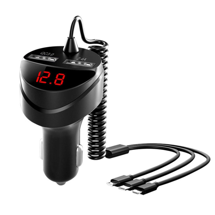 C68 LED Digital Display QC3.0 Fast Car Charger 3 in 1 with Spring Cable(Black)