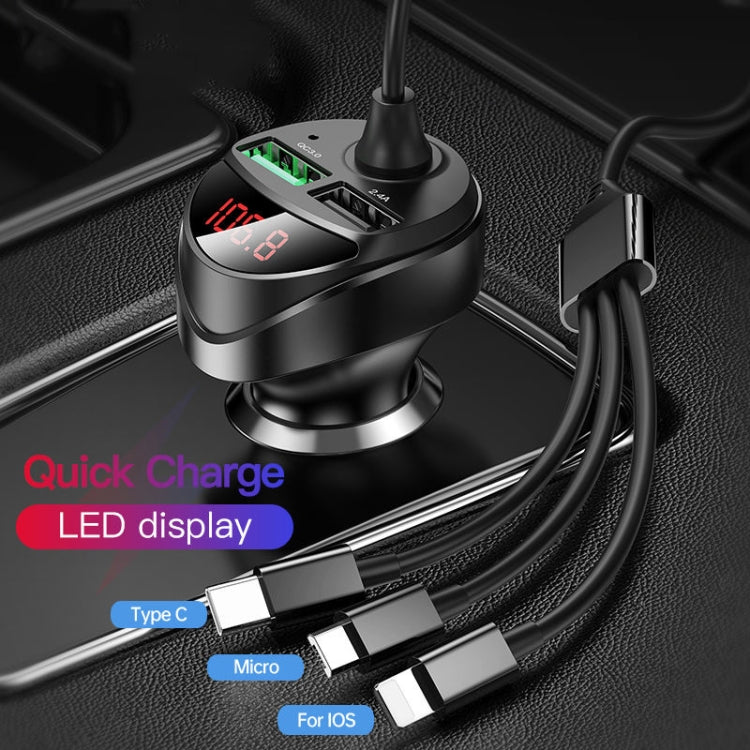 C68 LED Digital Display QC3.0 Fast Car Charger 3 in 1 with Spring Cable(Black)