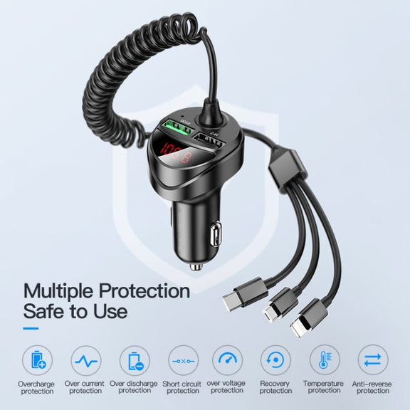 C68 LED Digital Display QC3.0 Fast Car Charger 3 in 1 with Spring Cable(Black)