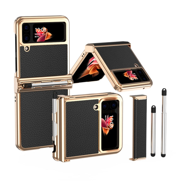 For Samsung Galaxy Z Flip3 5G Litchi Texture Leather Hinged Electroplated Phone Case with Pen(Black Gold)