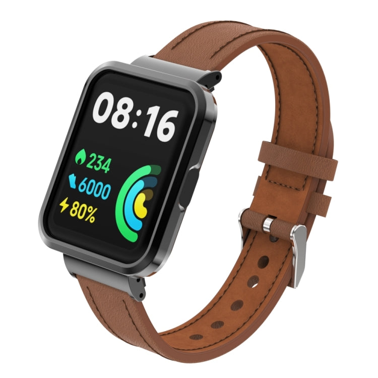 For Xiaomi Redmi Watch 2 Genuine Leather Metal Case Integrated Watch Band(Brown) - Watch Bands by PMC TechLife | Online Shopping South Africa | PMC TechLife | Buy Now Pay Later Mobicred