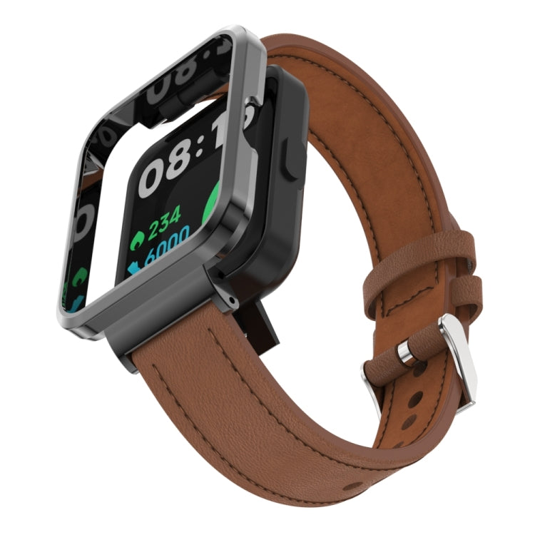 For Xiaomi Redmi Watch 2 Genuine Leather Metal Case Integrated Watch Band(Brown) - Watch Bands by PMC TechLife | Online Shopping South Africa | PMC TechLife | Buy Now Pay Later Mobicred
