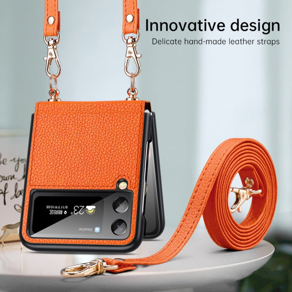 For Samsung Galaxy Z Flip4 SULADA Litchi Texture Leather + TPU Phone Case with Strap(Blue)