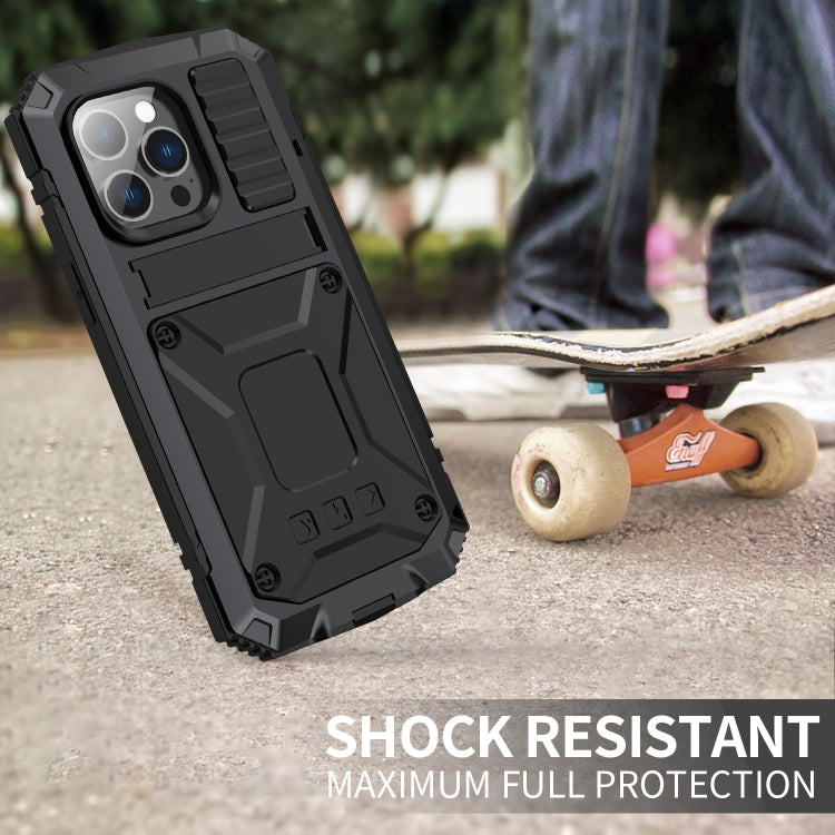 For iPhone 14 Pro Max R-JUST Shockproof Waterproof Dust-proof Case with Holder (Black) - free shipping - PMC TechLife - Order now!